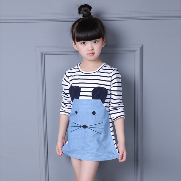 [variant_title] - Striped Patchwork Character Girl Dresses Long Sleeve Cute Mouse Children Clothing Kids Girls Dress Denim Kids Clothes