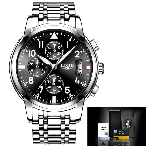 Silver black S - Relogio Masculino Mens Watches Waterproof Quartz Business Watch LIGE Top Brand Luxury Men Casual Sport Watch Male Relojes Hombre