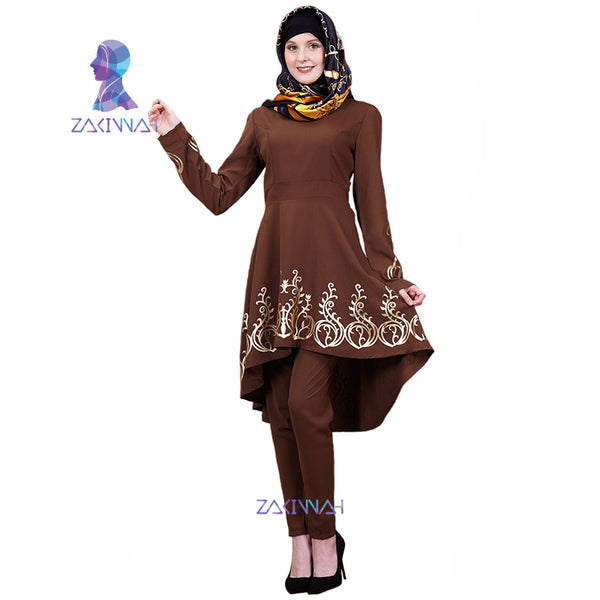 Brown / L - ZK009 Fashion Muslim Solid color hot stamping top gilded Printing Women's clothing Middle East Ramadan Islamic Abaya