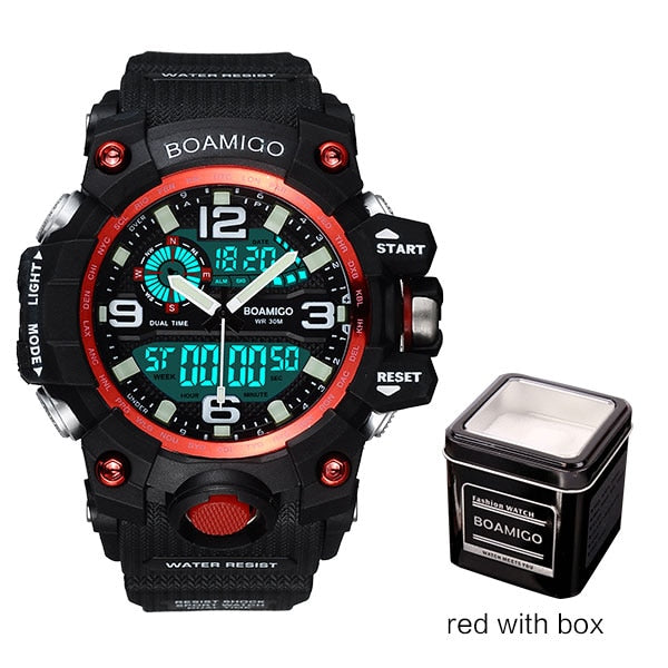 red with box - Men Sports Watches BOAMIGO Brand Digital LED Orange Shock Swim Quartz Rubber Wristwatches Waterproof Clock Relogio Masculino