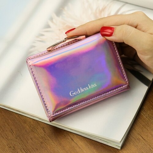Pink - New Women Laser Holographic Wallets Short Cute Purse Small Wallet Women Folding Wallet Card Holder Coin Purse Portefeuille Femme
