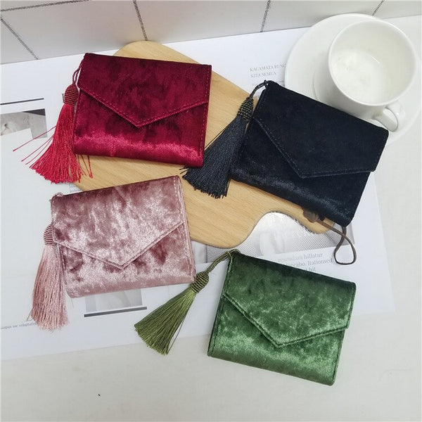 [variant_title] - Retro Velvet Envelope Tassel Small Women Wallet Trifold Mini Women Clutch Purse Brand Short Designed Ladies Wallet Card Holders