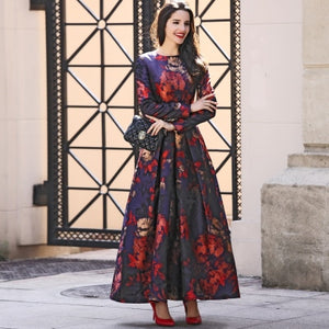 Black / L - High Quality Plus size lJacquard Muslim Dress Fall Vintage Women Long Sleeve Long Maxi Dubai abaya Dress Fashion