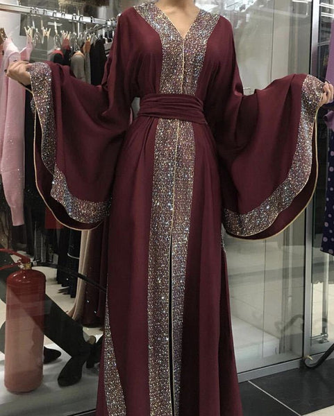 Wine red / L - Luxurious Femme Kimono Kaftan Handstudded Robe Dubai Islam Muslim Hijab Dress Abayas Caftan Marocain Qatar Oman Turkey  Clothing