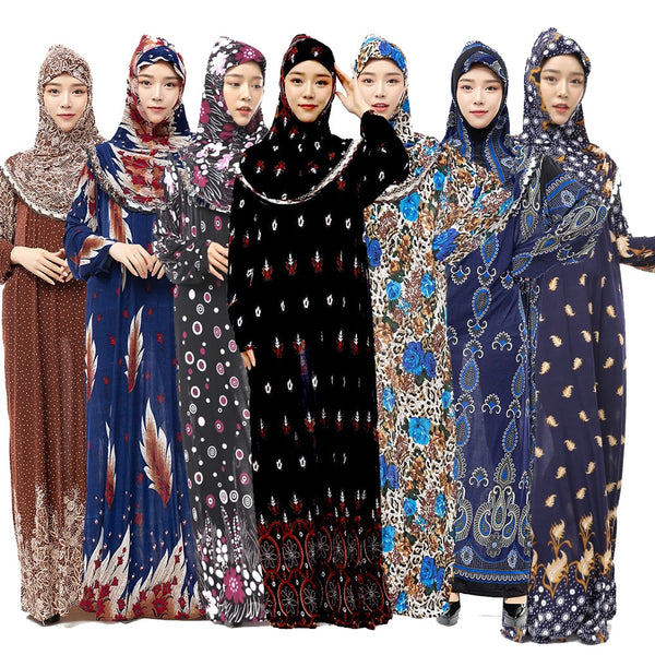 [variant_title] - Plus Size Hijab + Abaya Muslim Summer Dress Long Sleeve Ropa Musulman Mujer Jilbab Islamic Dress Floral Turkish Abayas for Women