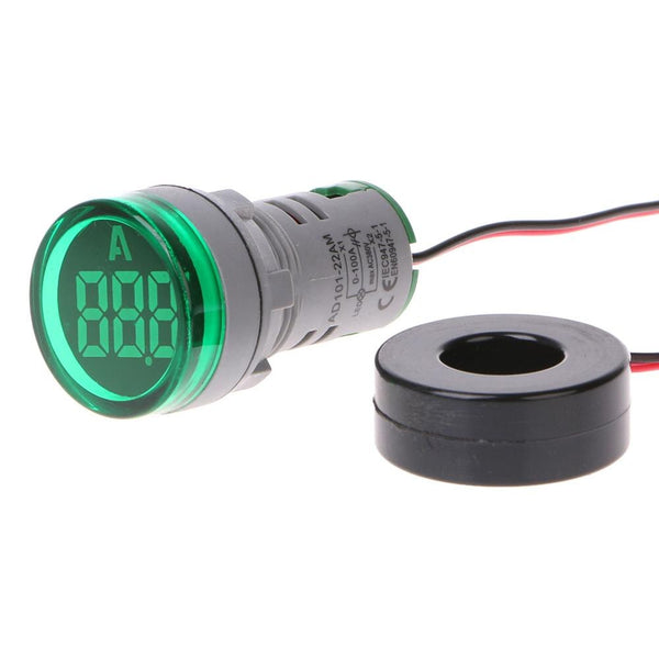 Green - AC 220V 22mm Digital Ammeter 0-100A Current Monitor Meter Signal Lamp Amperemeter