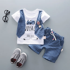 AX 2jiao2 Blue / 12M - Summer Children Boys Girls Cotton Clothes Kids Bowknot T-Shirt Shorts 2pcs/Sets Toddler Fashion Clothing Sets Baby Tracksuits