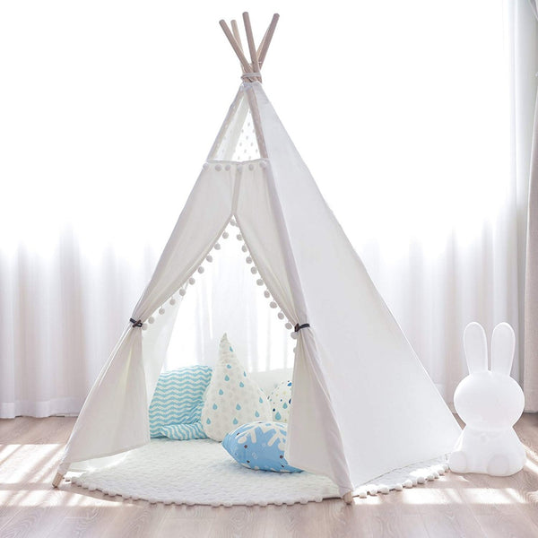 Green - Large Canvas Teepee Tent Kids Teepee Tipi with Grey Pom Poms Indian Play Tent House Children Tipi Tee Pee Tent NO MAT