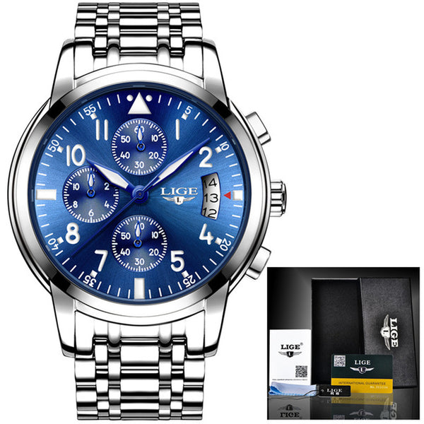 Silver blue S - Relogio Masculino Mens Watches Waterproof Quartz Business Watch LIGE Top Brand Luxury Men Casual Sport Watch Male Relojes Hombre