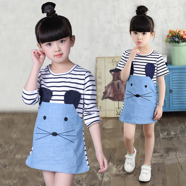 [variant_title] - Striped Patchwork Character Girl Dresses Long Sleeve Cute Mouse Children Clothing Kids Girls Dress Denim Kids Clothes