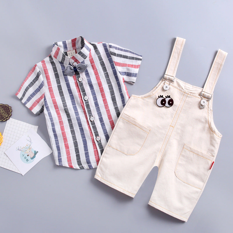 Beige / 12M - Baby Boy Summer Clothes Set for Toddler Kids Clothing lattice Short Sleeve shirt + Bib pants Boy Suit 1 2 3 4 Years