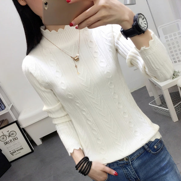 Korean winter sweater female half turtleneck sleeve head bottoming Shirt Short slim slim knit thickened solid twist