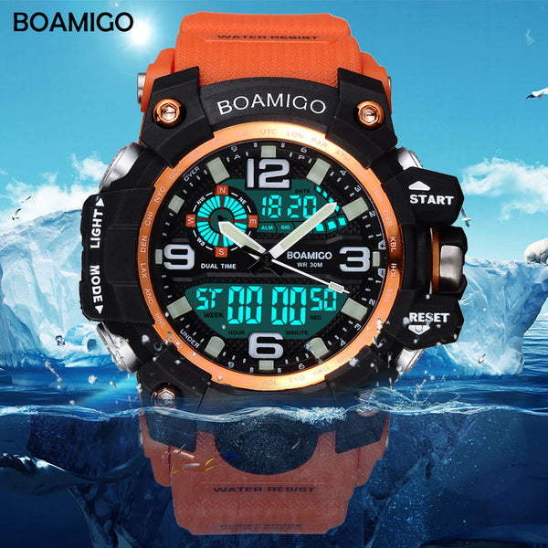 [variant_title] - Men Sports Watches BOAMIGO Brand Digital LED Orange Shock Swim Quartz Rubber Wristwatches Waterproof Clock Relogio Masculino