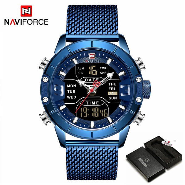 Blue -Box - NAVIFORCE Top Brand Luxury Watch Men Fashion Sports Quartz Watch Men Full Steel Waterproof LED Digital Watches Relogio Masculino