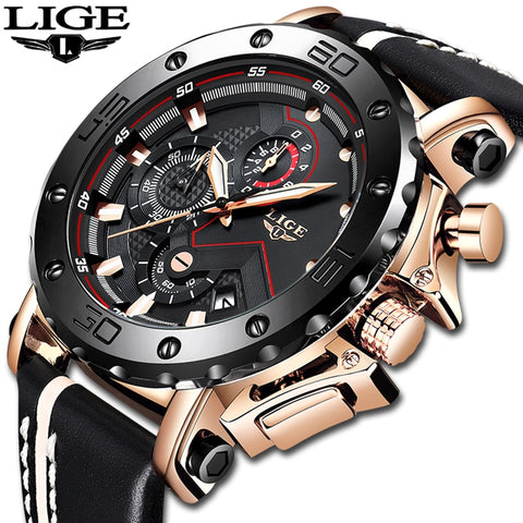 [variant_title] - 2019LIGE New Fashion Mens Watches Top Brand Luxury Big Dial Military Quartz Watch Leather Waterproof Sport Chronograph Watch Men