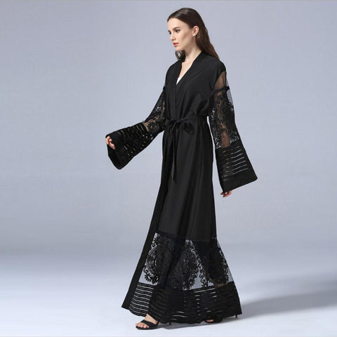 [variant_title] - Fashion Muslim Adult lace hollow cut Robe Musulmane Turkish Dubai Abaya Muslim Robe Arab Worship Service abaya wj1340 with blet