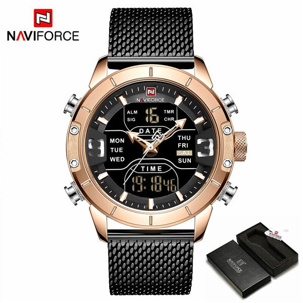 Rose Gold Black -Box - NAVIFORCE Top Brand Luxury Watch Men Fashion Sports Quartz Watch Men Full Steel Waterproof LED Digital Watches Relogio Masculino
