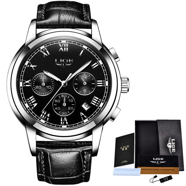 silver black leather - LIGE Watches Men Sports Waterproof Date Analogue Quartz Men's Watches Chronograph Business Watches For Men Relogio Masculino+Box