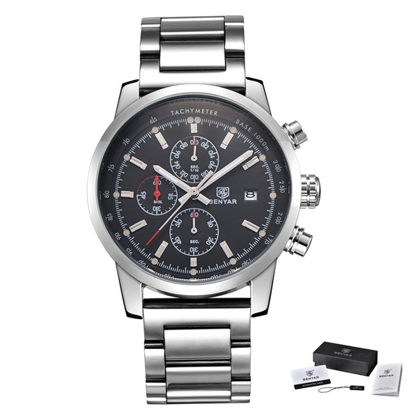 Steel Black - BENYAR Fashion Chronograph Sport Mens Watches Top Brand Luxury Quartz Watch Reloj Hombre saat Clock Male hour relogio Masculino