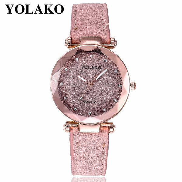 pink - Dropshipping Women Romantic Starry Sky Wrist Watch Leather Rhinestone Designer Ladies Clock YOLAKO Brand Relogio Feminino