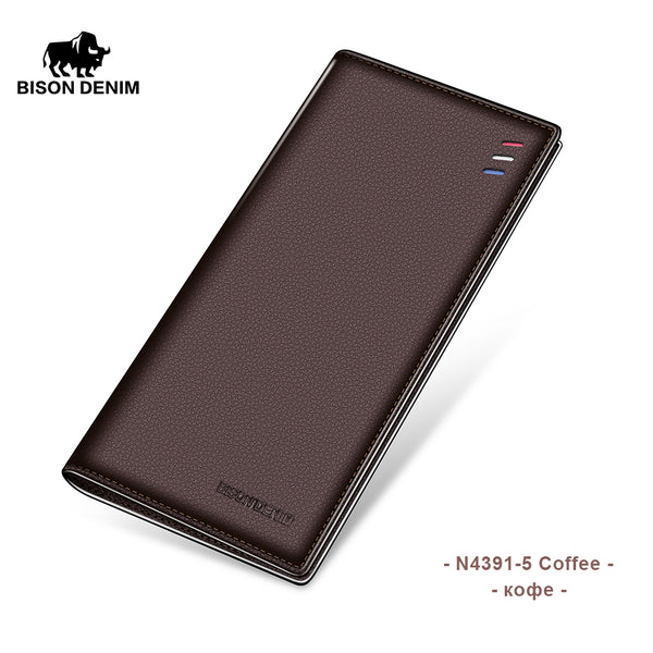 N4391 Coffee - BISON DENIM Cowskin Long Purse For Men Wallet Business Men's Thin Genuine Leather Wallet Brand Design Slim Wallets N4470&N4391