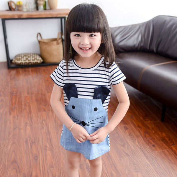 Sky Blue / 18M - Striped Patchwork Character Girl Dresses Long Sleeve Cute Mouse Children Clothing Kids Girls Dress Denim Kids Clothes