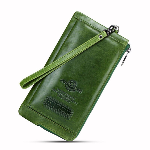Green - 2019 Men Wallet Clutch Genuine Leather Brand Rfid  Wallet Male Organizer Cell Phone Clutch Bag Long Coin Purse Free Engrave