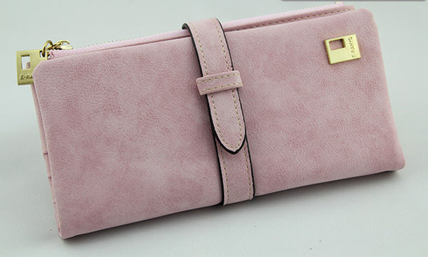 Pink - Famous Brand Long Purse Two Fold Women Wallets Drawstring Nubuck Leather Zipper Suede Wallet Ladies Carteira Feminina Clutch Bag