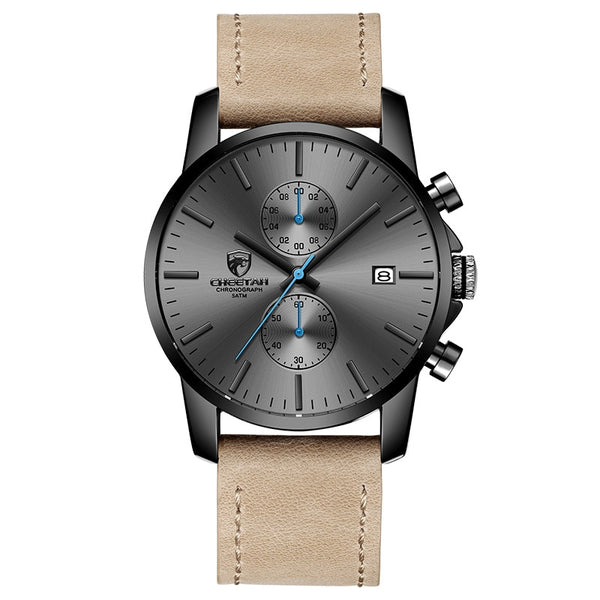 Leather Grey - 2019 Men Watch CHEETAH Brand Fashion Sports Quartz Watches Mens Leather Waterproof Chronograph Clock Business Relogio Masculino