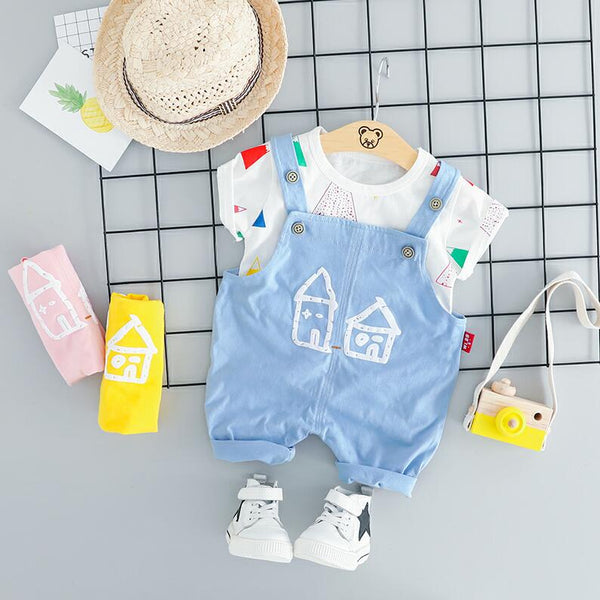 Sky blue / 12M - HYLKIDHUOSE 2019 Summer Baby Girls Boys Clothing Sets Infant Clothes Suits T Shirt Strap Shorts Kids Children Vacation Costume