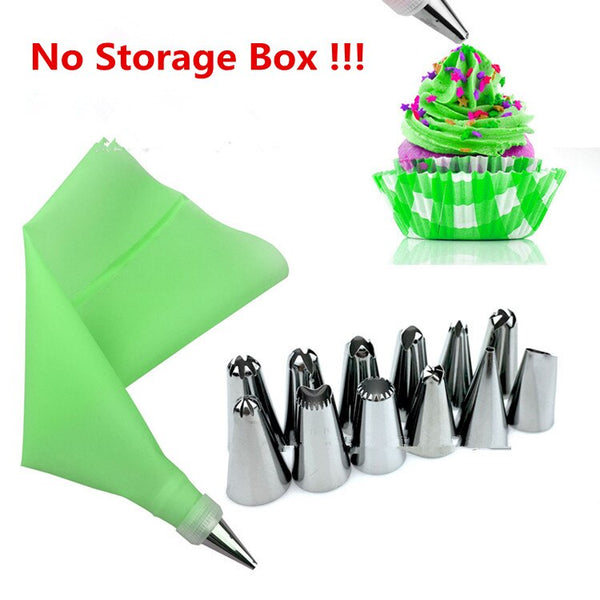 Green - 14pc/set Dessert Decorators Silicone Icing Piping Cream Pastry Bag Stainless Steel Piping Icing Nozzle for Cream Pastry Tool