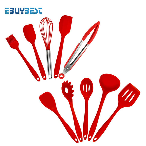 10pcs Red color - 5pcs  10pcs Cooking Tools Silicone Kitchen Utensils Spatula Spoon Tongs Ladle Spaghetti Server Slotted Turner Kitchen Tools Set