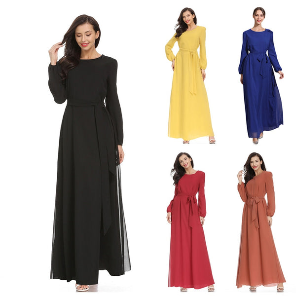 [variant_title] - Women Islamic Muslim Abaya Maxi Dress Long Sleeve Muslim Maxi Dress Trumpet Sleeve Abaya Long Robe Gowns Tunic Belt  Z416