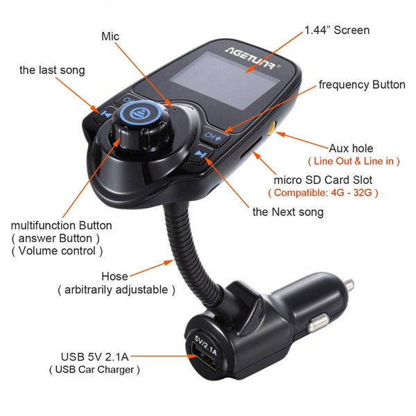 [variant_title] - AGETUNR Bluetooth Car Kit Handsfree Set FM Transmitter MP3 Music Player 5V 2.1A USB Car Charger Support Micro SD Card 4G-32G