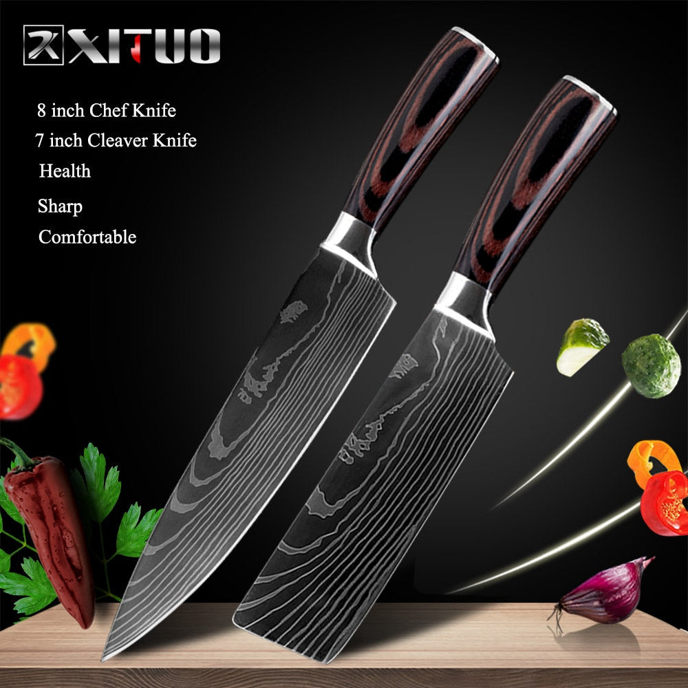 4PCS Japanese Kitchen Knives Laser Damascus Pattern Chef Knife Sharp  Santoku Cleaver Slicing Utility Knives Tool 