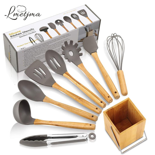 [variant_title] - LMETJMA Silicone Kitchen Utensils Set 9-Piece Cooking Tools Set with Bamboo Holder Non-stick Cookware KC0212