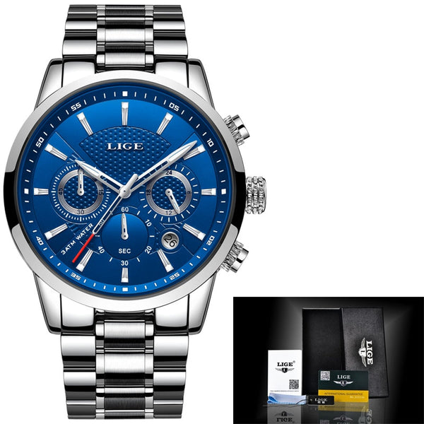 silver blue - LIGE 2018 Watch Men Fashion Sport Quartz Clock Mens Watches Brand Luxury Full Steel Business Waterproof Watch Relogio Masculino