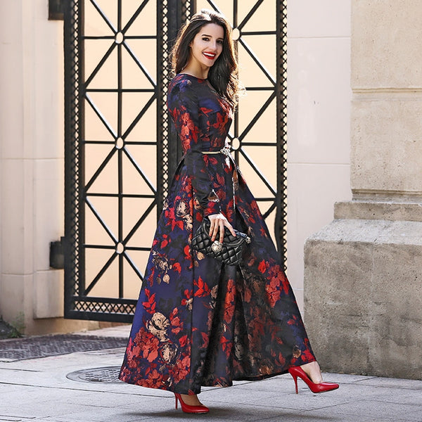 [variant_title] - High Quality Plus size lJacquard Muslim Dress Fall Vintage Women Long Sleeve Long Maxi Dubai abaya Dress Fashion