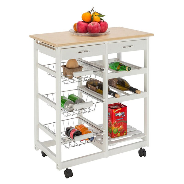 [variant_title] - Simple fashion Kitchen cart Moveable Kitchen Cart with Two Drawers and Two Wine Racks & Three Baskets Home furniture