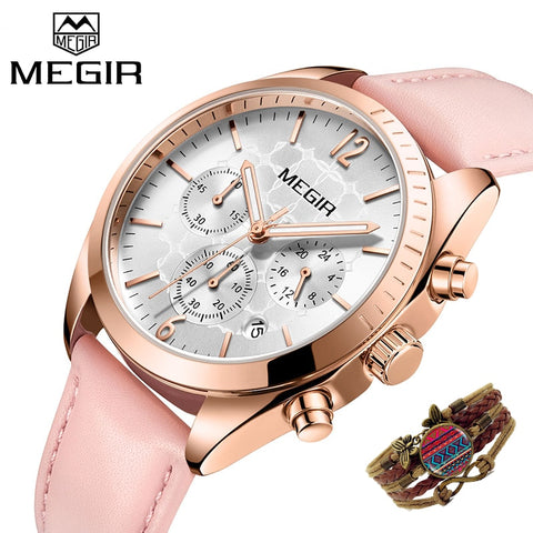 [variant_title] - MEGIR Women Watches Fashion Pink Leather Ladies Quartz Watch Women Chronograph Clock Lovers Hour Relogio Feminino With Bracelet