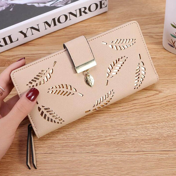 Brown - Women Wallet PU Leather Purse Female Long Wallet Gold Hollow Leaves Pouch Handbag For Women Coin Purse Card Holders Clutch