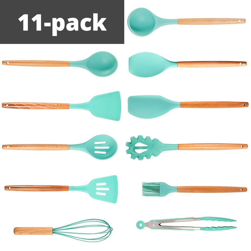 11 Pack - Silicone Cooking Utensils Kitchen Utensil set - 9&11 Natural Wooden Silicone Cooking  Utensils - Kitchen Tools Gadgets