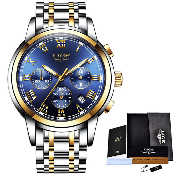 gold blue steel - LIGE Watches Men Sports Waterproof Date Analogue Quartz Men's Watches Chronograph Business Watches For Men Relogio Masculino+Box