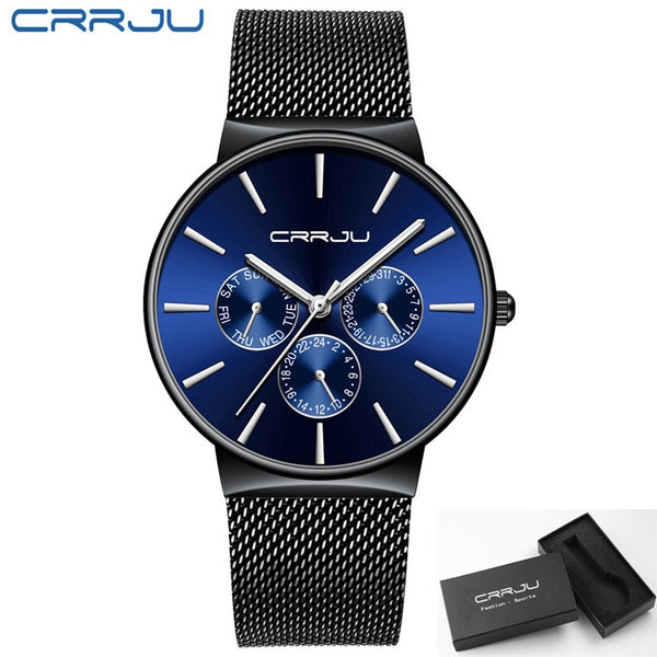 blue - reloj hombre 2019 CRRJU Top Brand Luxury Men Watches Waterproof Ultra Thin Date Wrist Watch Male Mesh Strap Casual Quartz Clock
