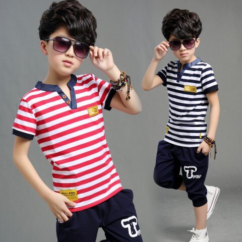 [variant_title] - Boys and Girls  Short Sleeve T Shirt +pant Kids Clothes Sets Children's Summer V-neck Stripe Two Suit Sports Sets 4-12 Ages