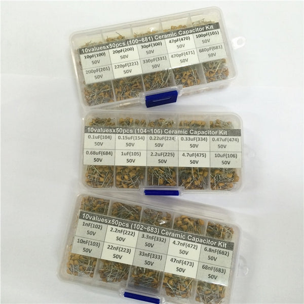 [variant_title] - 1500pcs 30Valuesx50 10pF~10uF (100~106) Multilayer/Monolithic Ceramic Capacitor Assorted kit with 3 storage box