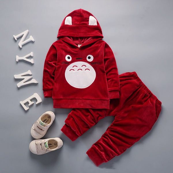 wine red / 18M - Fashion Children Boys Girls Cartoon Clothing Suits Baby Velvet Hoodies Pants 2Pcs/Sets Kids Winter Clothes Toddler Tracksuits