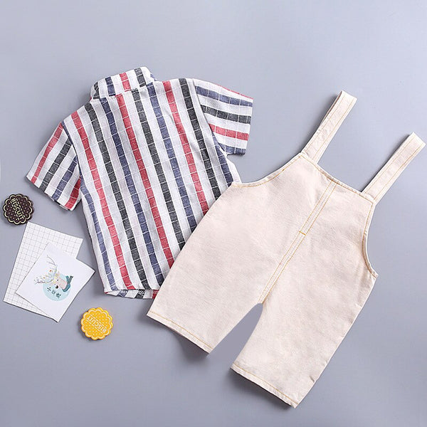 [variant_title] - Baby Boy Summer Clothes Set for Toddler Kids Clothing lattice Short Sleeve shirt + Bib pants Boy Suit 1 2 3 4 Years