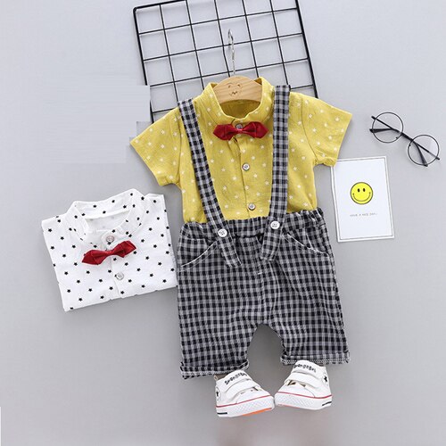 yellow / 12M - 1 2 3 4 T birthday Baby boy child clothing set short sleeve shirt + bib suit for newborn baby boy summer clothes kid outfit sets