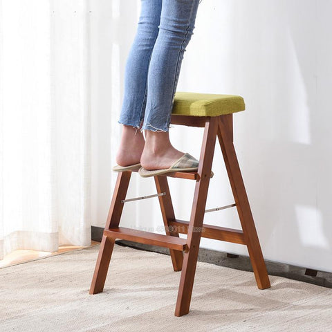 [variant_title] - Solid wood step stool home three step folding ladder room indoor multi function ladder chair kitchen dual use ascending stair